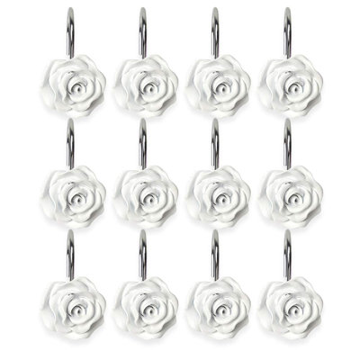 12Pcs Shower Curtain Hooks, Home Decorative Rustproof Shower Curtain Hooks Resin Rose Flower Shower Hooks Rings For Bathroom Shower Rods Curtains (White)