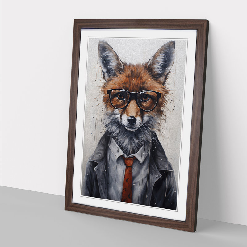 Fox with Glasses Painting - Framed Print, 46cm H x 34cm W x 2cm D, Walnut