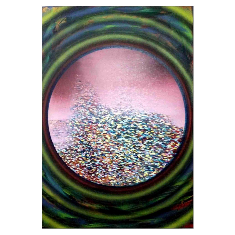 «Innumerable from the Eye», peinture acrylique par Ghanshyam Gupta - toile spirituelle abstraite 32 po x 24 po avec texture pointilliste et symbolisme cosmique pour la décoration intérieure