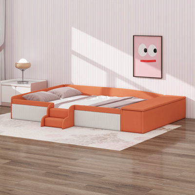 Lit de jour en velours avec repose-pieds relevable et escalier pour chambre d'adolescent, structure de lit plateforme rembourrée avec garde-corps rembourrés