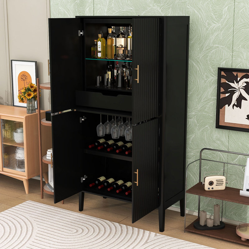 Armoire de cuisine autoportante avec éclairage à DEL, rangement réglable et présentoir en verre, Black