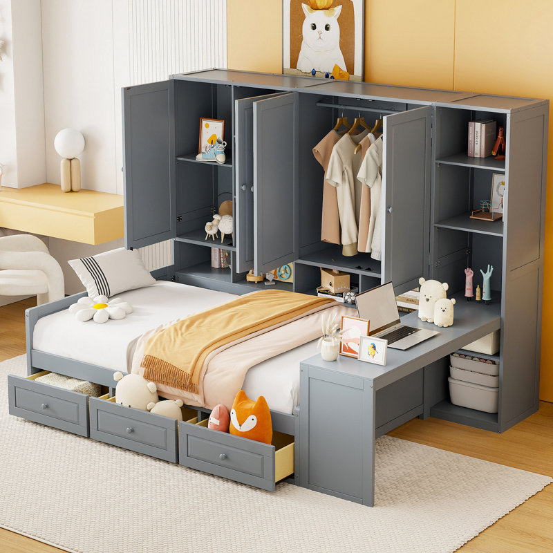 Twin Size Wooden Daybed With Three Drawers, And All-In-One Cabinet, Desk And Shelves, Twin, Gray