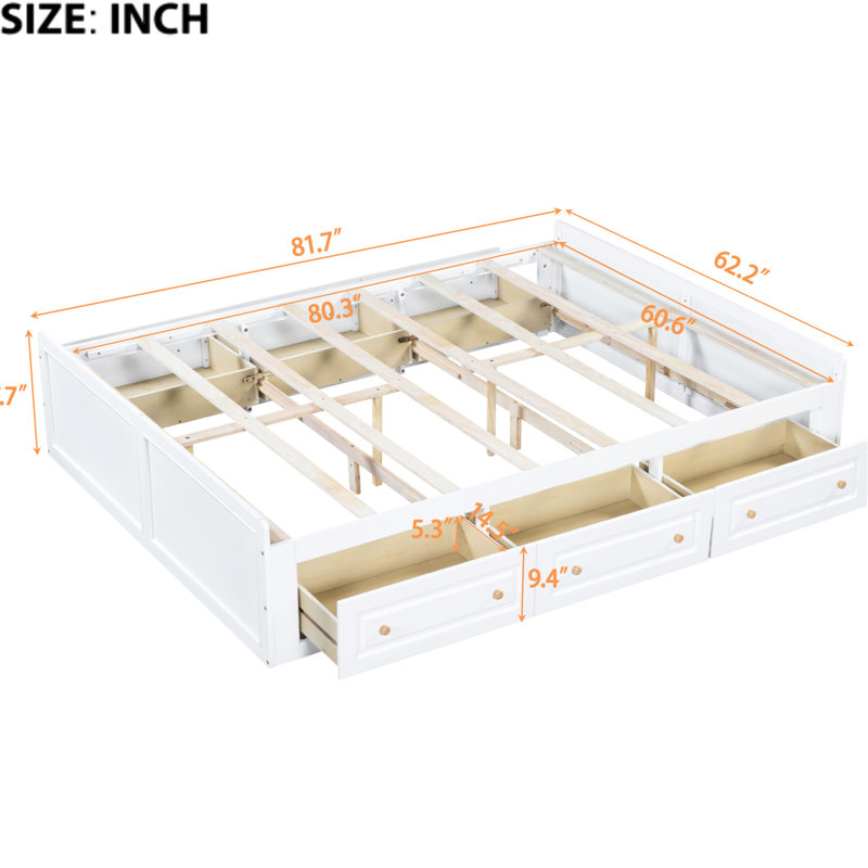 White Wood Queen Size Bed With 6 Drawers - Stable & Gorgeous Platform Drawer Storage Chic, White