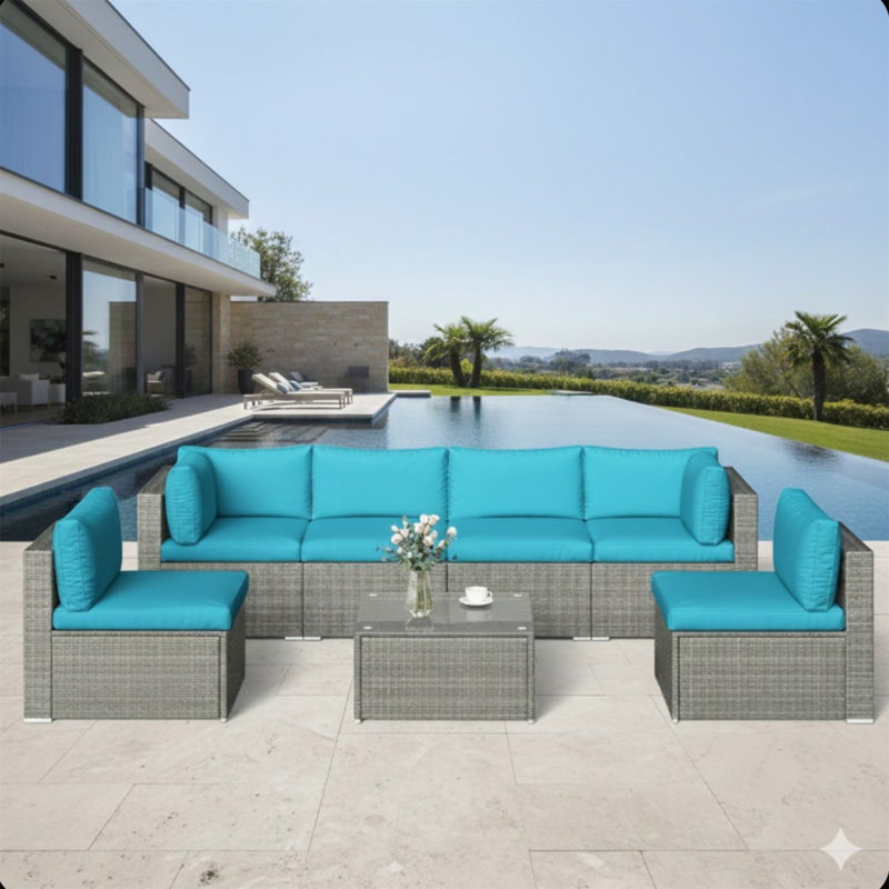 Ensemble de patio 7 pièces en osier gris avec coussins amovibles bleu clair et table basse en verre pour l'extérieur, la piscine et la cour