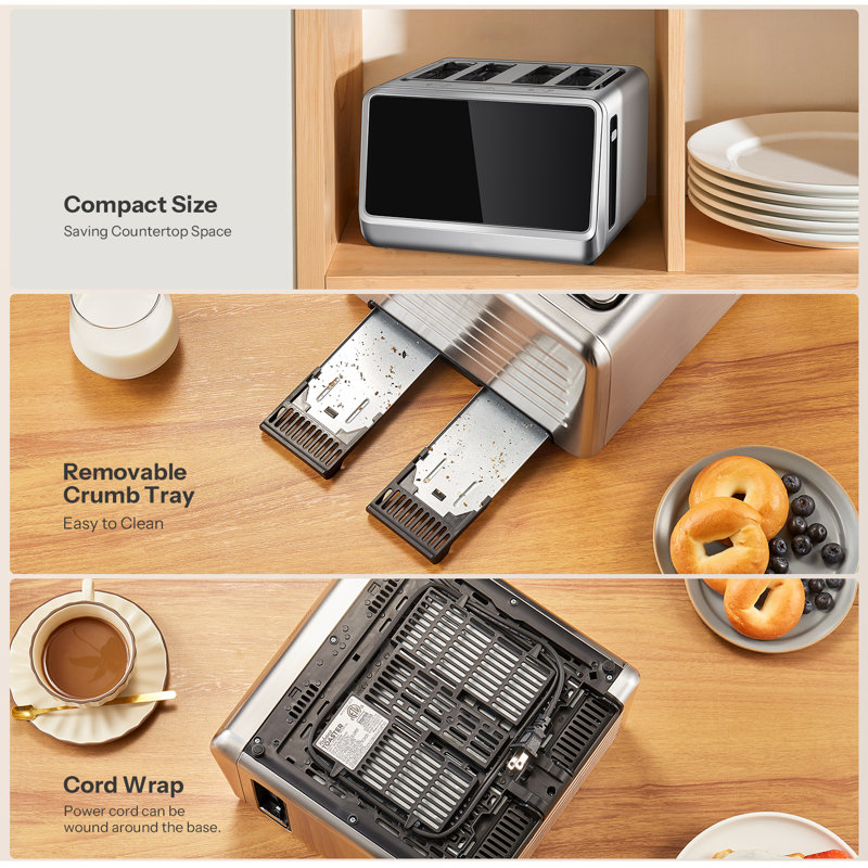 4-Slice Toaster with Touch Controls, 6 Browning & Bread Settings, Extra-Wide Slots for Bagels & Muffins, Removable Crumb Tray, Space-Saving Design