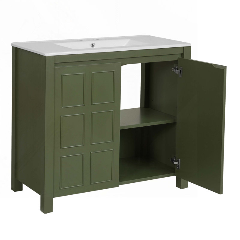Meuble-lavabo de salle de bain avec lavabo en céramique, Vert olive