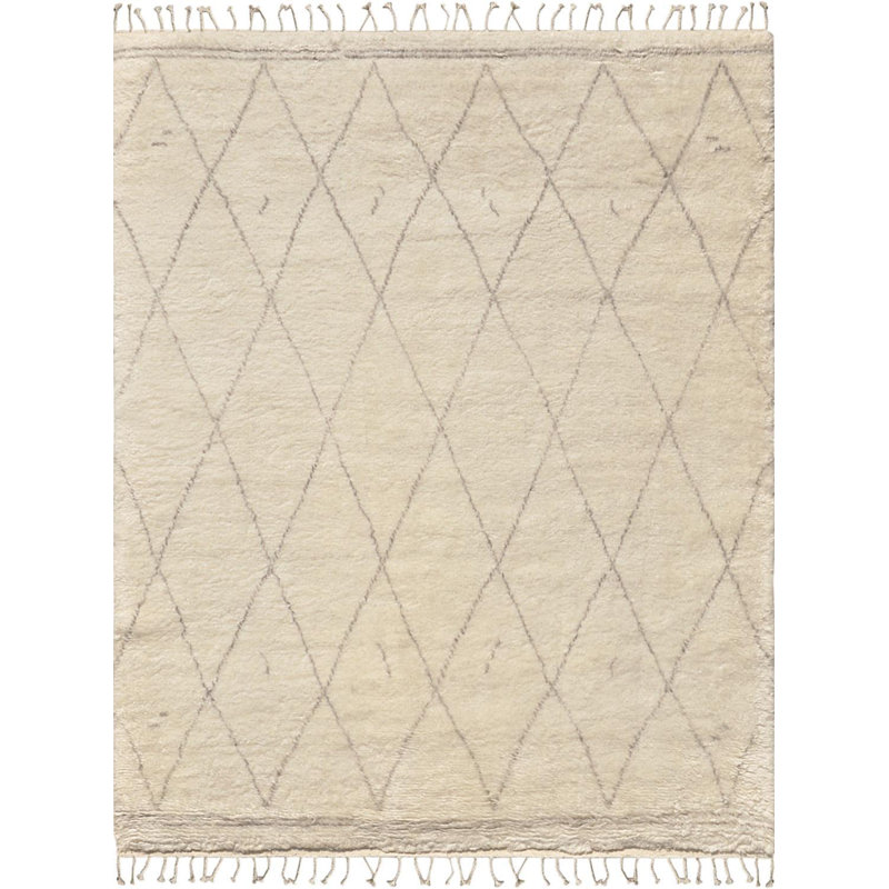 Tapis géométrique gris / ivoire en laine et en coton noué à la main 7 pi 9 po x 9 pi 9 po Geometric