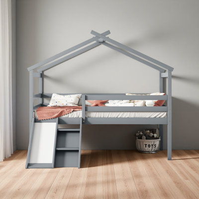 Twin Low Loft House Bed With Slide, Ladder, Safety Guardrails, House Roof Frame