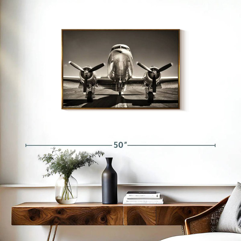 Avion rétro noir et blanc, Cadre flottant doré, 31 po x 21 po