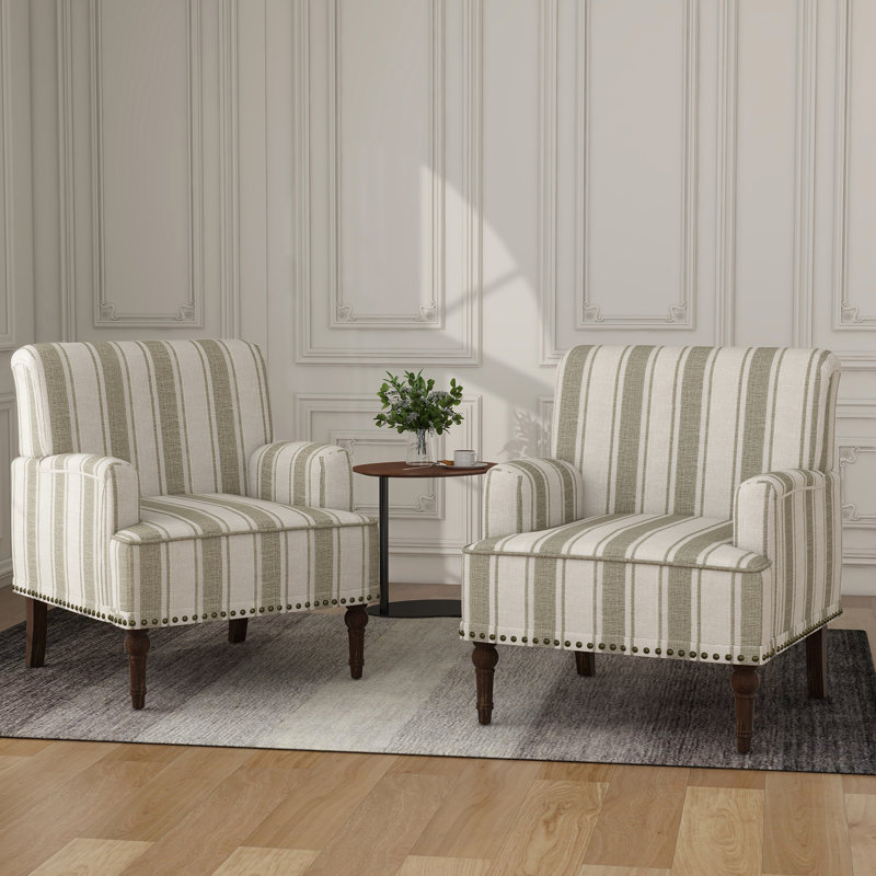 Upholstered Linen Blend Armchair, Brown Stripe Linen