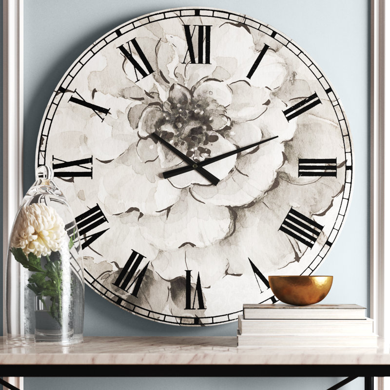 Indigold Grey Pivoines I - Horloge murale traditionnelle, Grand, Gris