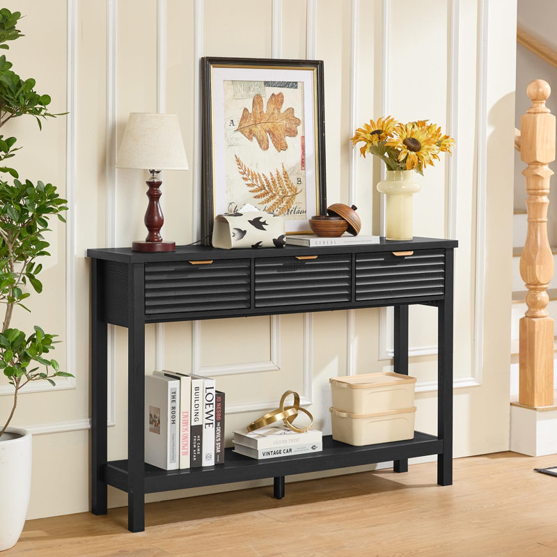 Console en bois cannelé à 3 tiroirs, Chêne noir