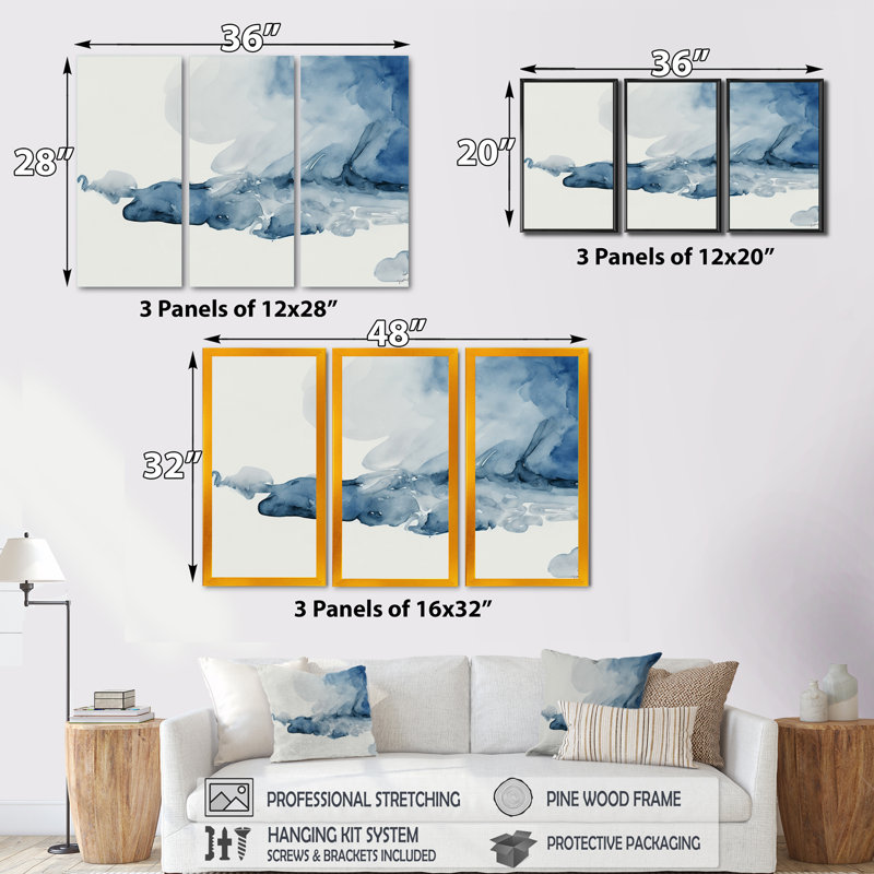 «Imperial Blue Solitude», reproduction de 3 pièces sur toile, Toile encadrée noire, H 28 po x l 36 po x P 1 po