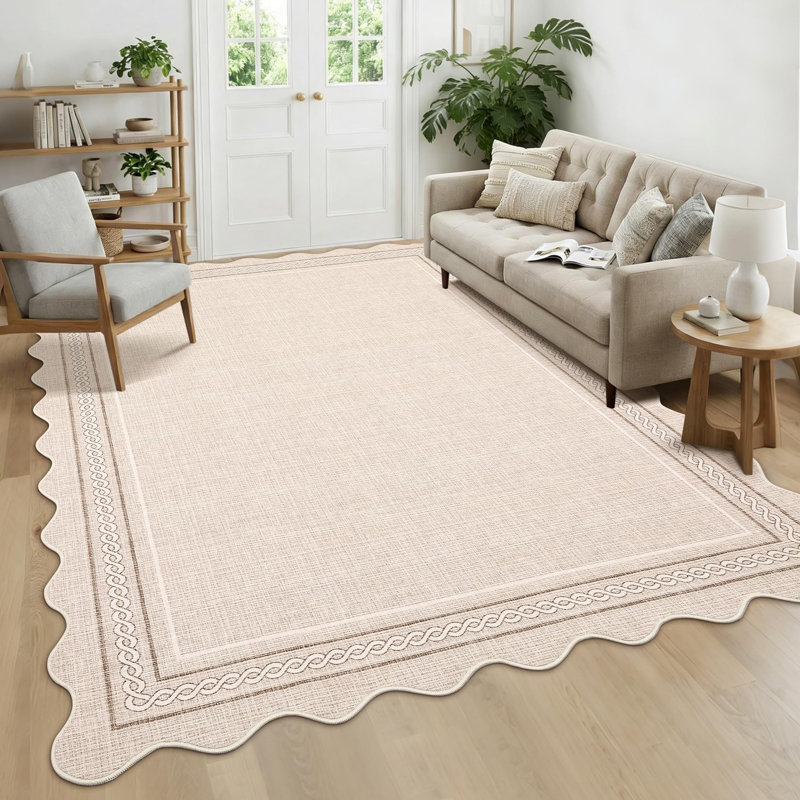 Scalloped Machine Washable Area Rug with Non Slip Backing Soft Faux Wool Low Pile Stain Resistant Easy Cleaning Carpet for Living Room Bedroom