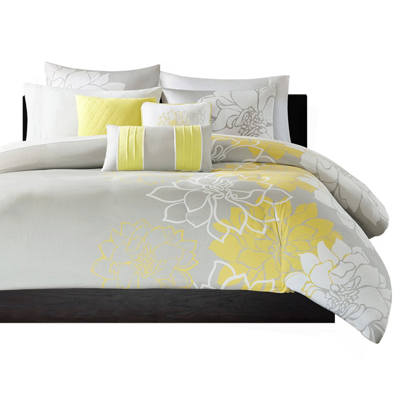 Ensemble de housse de couette 6 pièces très grand / très grand californien, Motif floral jaune