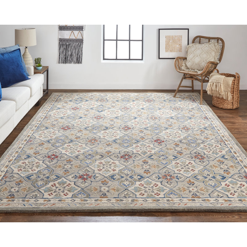 Atlandida Oriental Handmade Tufted Cotton/Wool Fog Gray/Blue/Red Area Rug, Rectangle 8' x 10'
