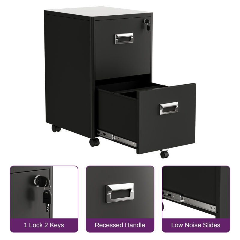 Ecobet Metal 2 -Drawer Mobile File Cabinet Office Storage Cabinet with Lock, Black