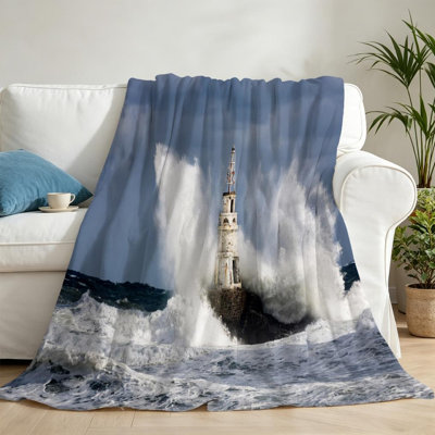 Black Ultra Soft Flannel Fleece Throw Blanket,Lighthouse Sea Storm Rock Single-Sided Print