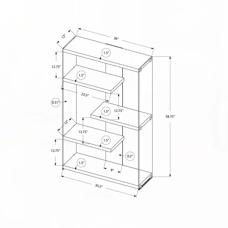 Bibliothèque, bibliothèque, étagère, 5 niveaux, h 60 po, bureau, chambre à coucher, stratifié blanc brillant, verre trempé transparent, contemporain, moderne