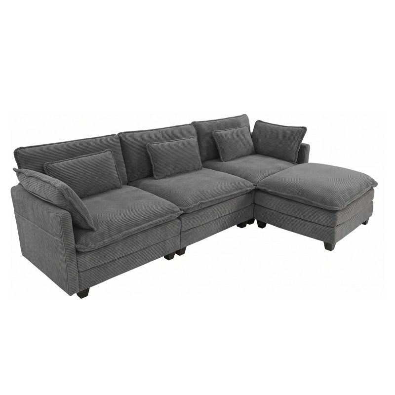 Canapé modulaire en L 111 po en velours côtelé de 111 po, canapé Cloud avec siège profond, repose-pieds mobile, port de charge intégré et poches latérales, canapé rembourré confortable avec coussins pour le salon