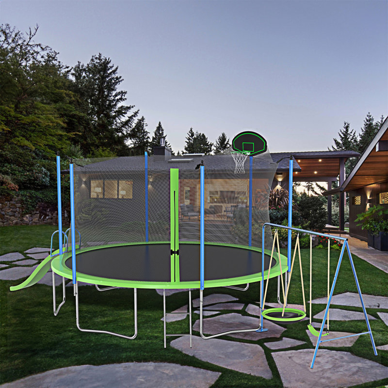 14FT Green Trampoline with Slide, Swings, and Basketball Hoop