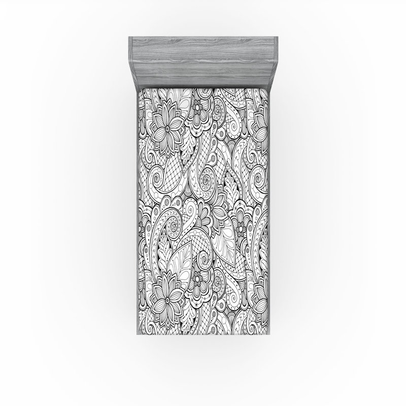 Drap-housse orange Ambesonne, Drap-housse pour lit simple TG, Motif floral blanc / noir
