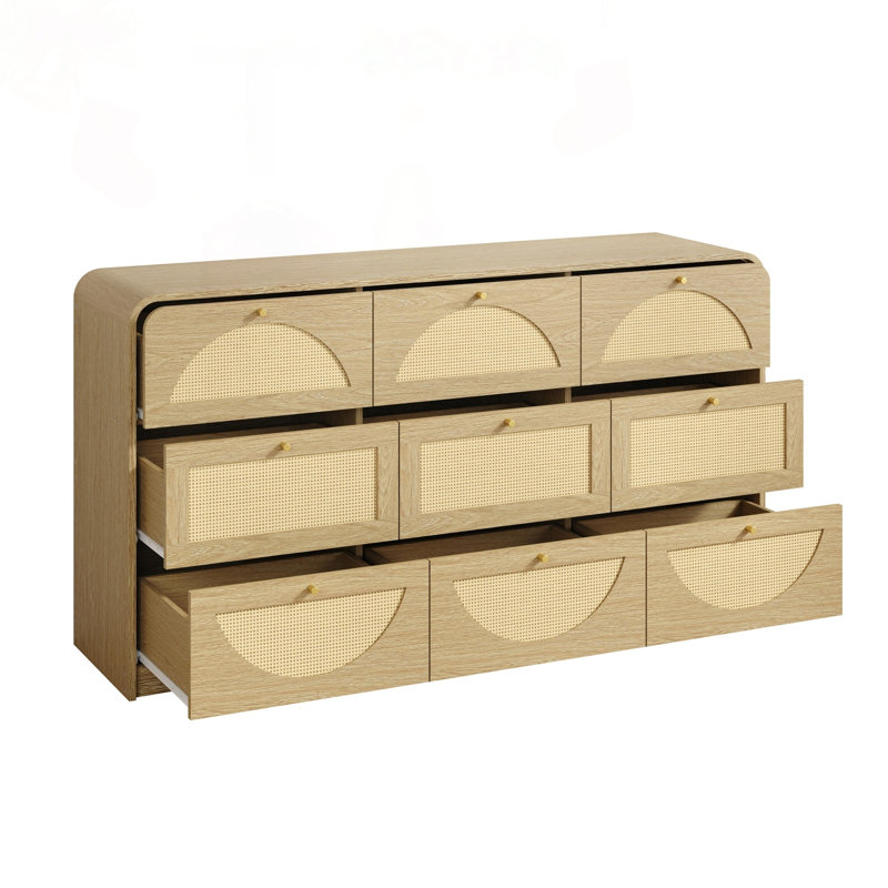 Commode 9 tiroirs avec façade en rotin bohème et finition naturelle, Walnut
