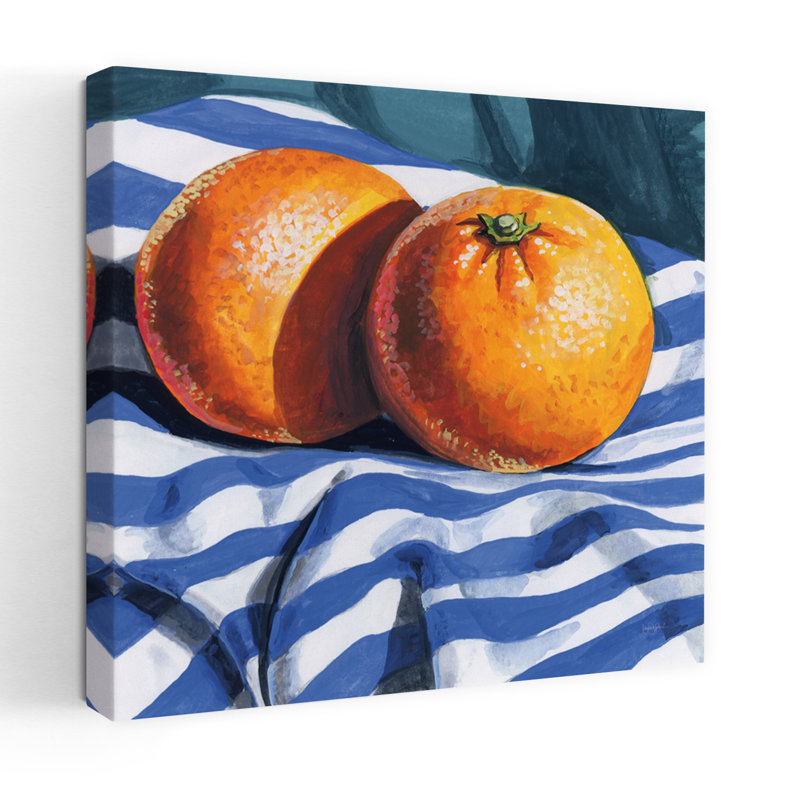 Oranges sur toile rayée, art contemporain, H 18 po x l 18 po