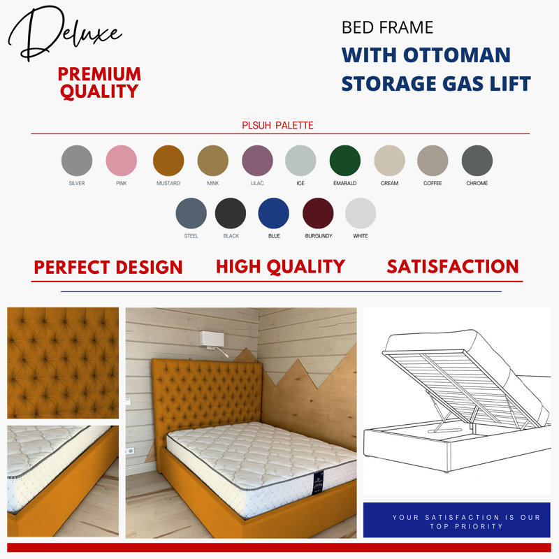 Upholstered Ottoman Storage Bed, Mustard, Super King (6')