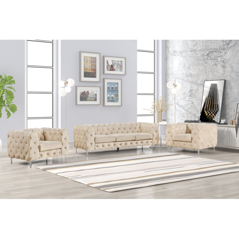 Ensemble de salon 3 pièces Mordecai, Velours beige