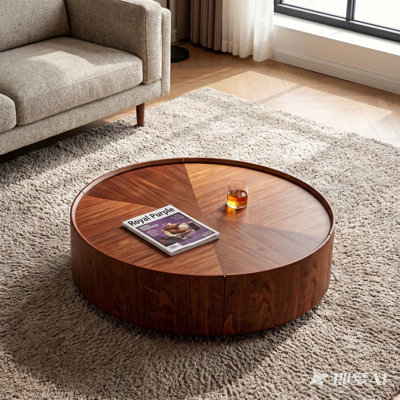 Table basse en noyer avec motif en mosaïque fabriqué à la main et base en anneau de fer, table d'appoint ronde moderne pour le bureau du salon et de la chambre à coucher
