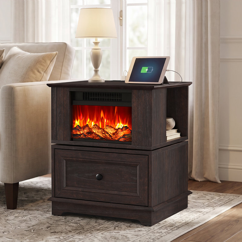 Aldama 23" Tall Rotating End Tables with Storage Drawer and Built-in Outlets, Cherry
