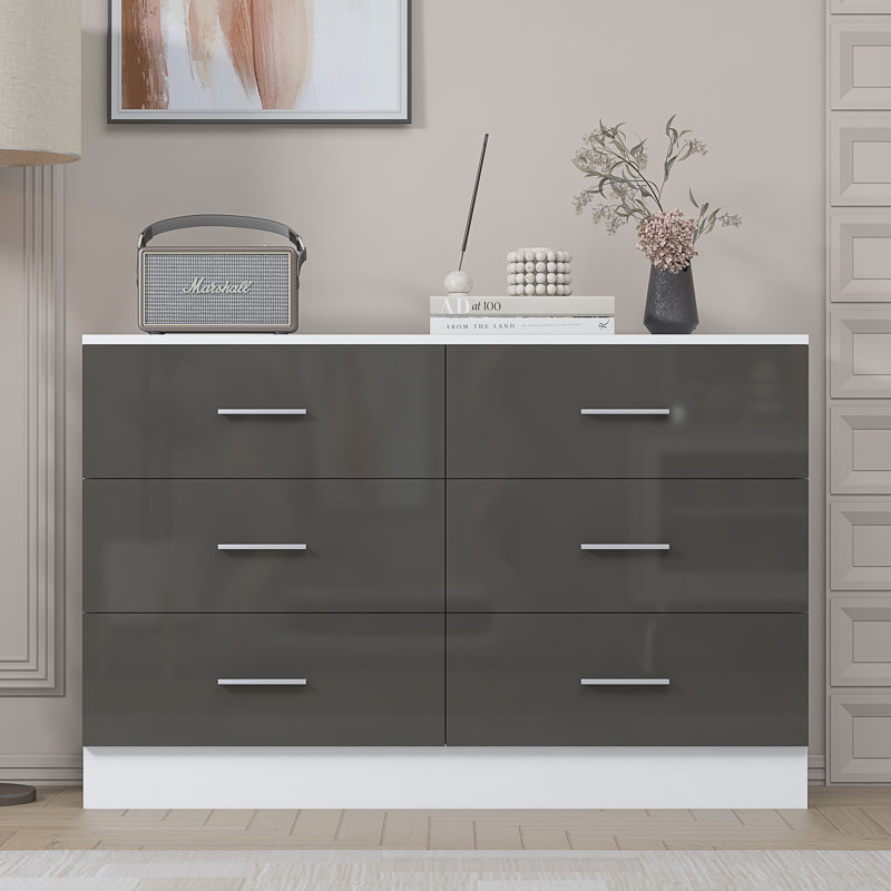 Eva High Gloss 6 Drawer Chest of Drawers - H: 75cm x D: 40cm x W: 112cm, Matte White/Gloss Grey