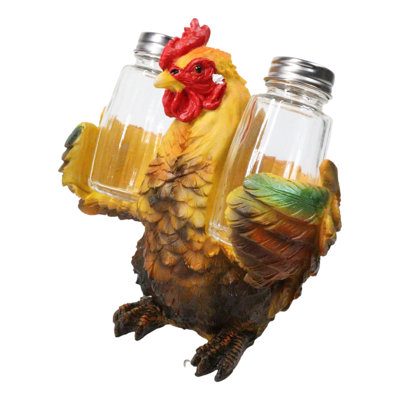 Rustic Farmhouse Country Rooster Chicken Salt and Pepper Shakers Holder Set 7"H