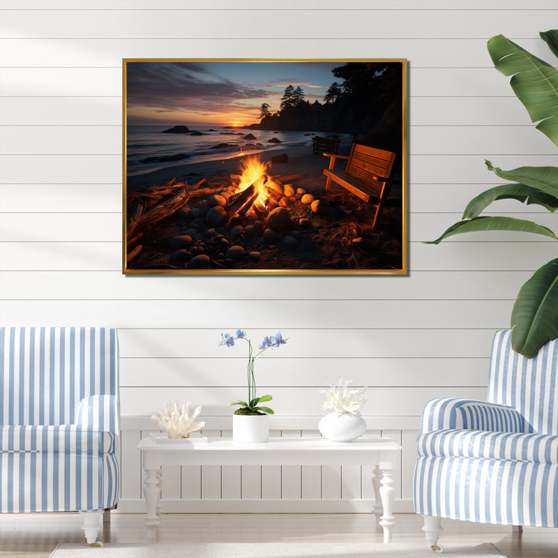 «Alrich Beach Beach Bonfire IV», reproduction sur toile, H 12 po x l 20 po, Cadre flottant doré