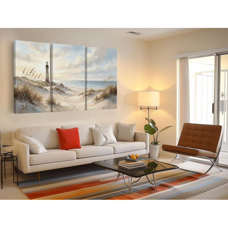 Reproduction d'art sur toile, "Serene Coastal Lighthouse Triptych" - Dunes de plage, art mural, TOILE LAMINÉE
