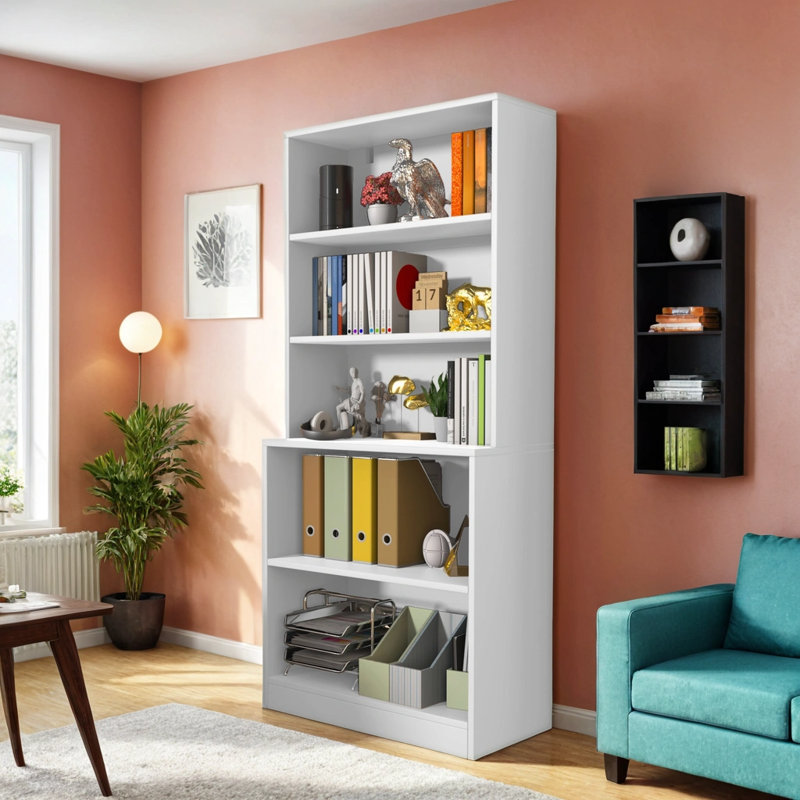 White 71" Tall 5-Tier Wood Bookshelf with Doors