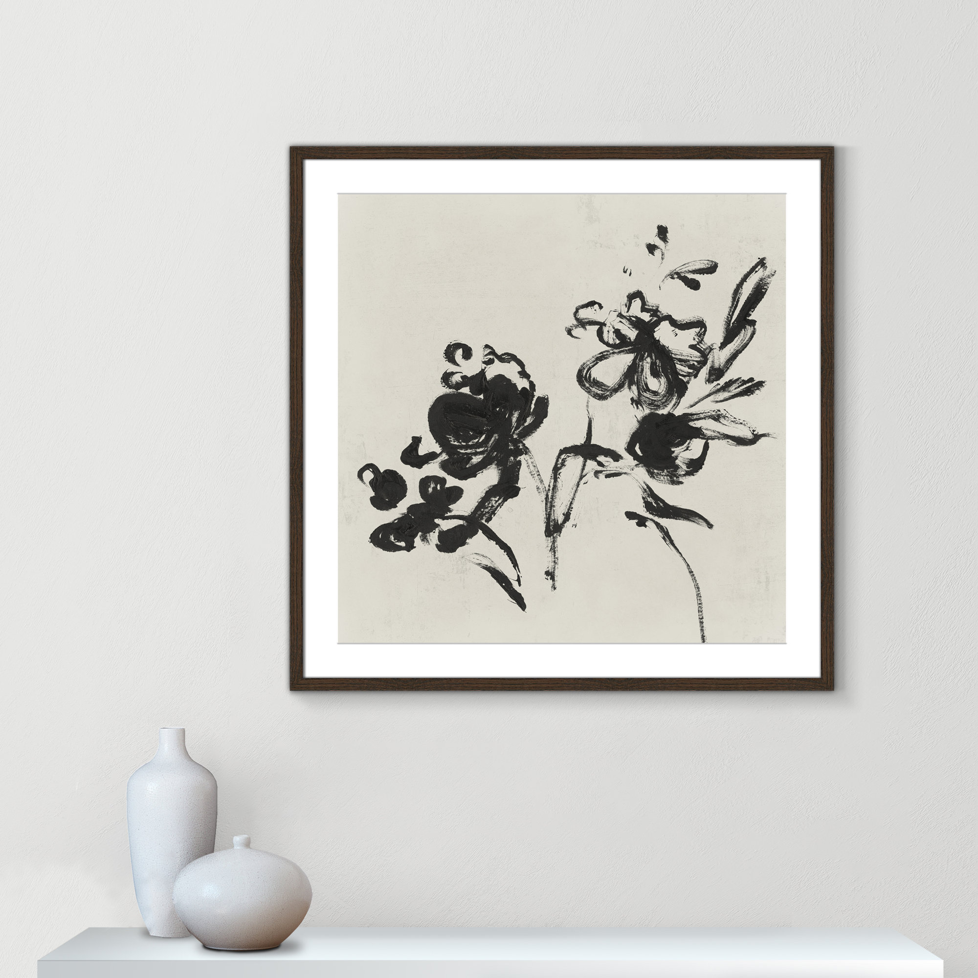 Black Florals I by Isabelle Z - Picture Frame Painting, Walnut Wood Grain, 33.25" H x 33.25" W 