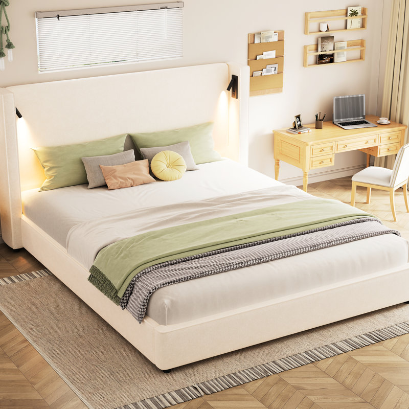 Très grand lit, beige, cadre de lit, rembourrage à oreilles haut, lampe réglable et mousse douce, sans sommier, cadre beige de 40 minutes avec lattes de bois confortables pour la lecture, facile pour la chambre à coucher