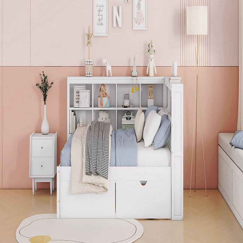 Full Size Daybed, Wooden  With 2 Drawers, Daybed With Storage Shelf And USB Charging Ports, White, Full