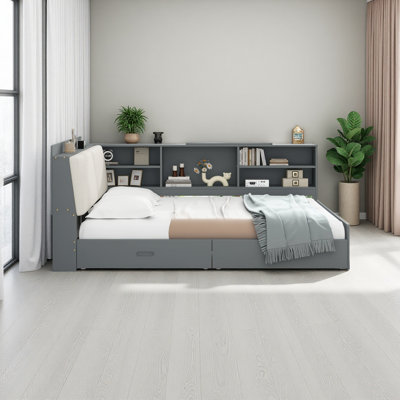 Lit plateforme, tablettes et tête de lit en bois