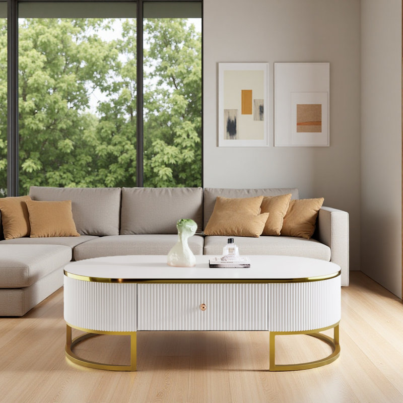 Table basse ovale avec tiroirs, conception à profil incurvé, décor en métal doré, table centrale pour le salon de 47,2 po