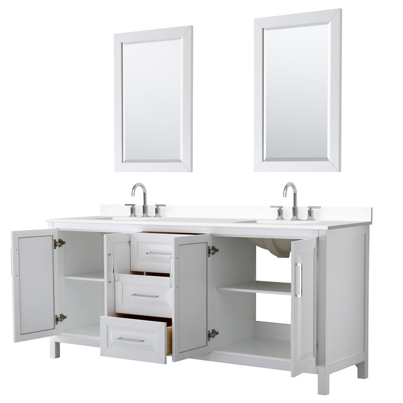 Meuble-lavabo double Daria, Blanc avec garniture noir mat, Comptoir en marbre de culture blanc