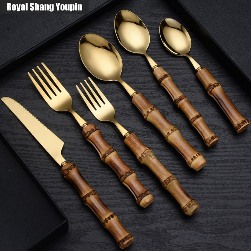 Ensemble de couverts en acier inoxydable avec poignées en bambou - 20 pièces Couteaux, fourchettes, cuillères pour la maison ou le restaurant
