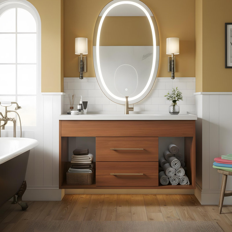 Armoire de salle de bain à simple cuve de style Mid-Century avec vasque encastrée en céramique intégrée