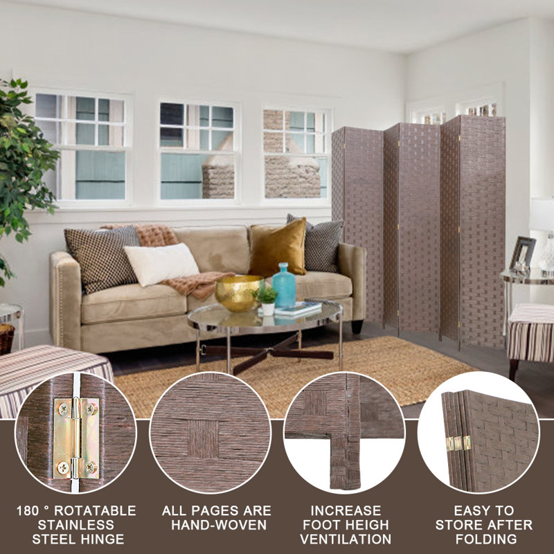Brown Woven Wood 6-Panel Folding Room Divider