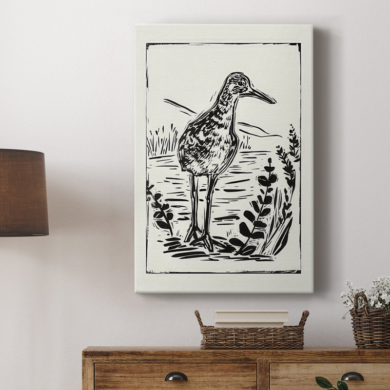 Oiseau de mer de style linogravure II - Cavas enveloppés de galerie, H 18 po x l 12 po