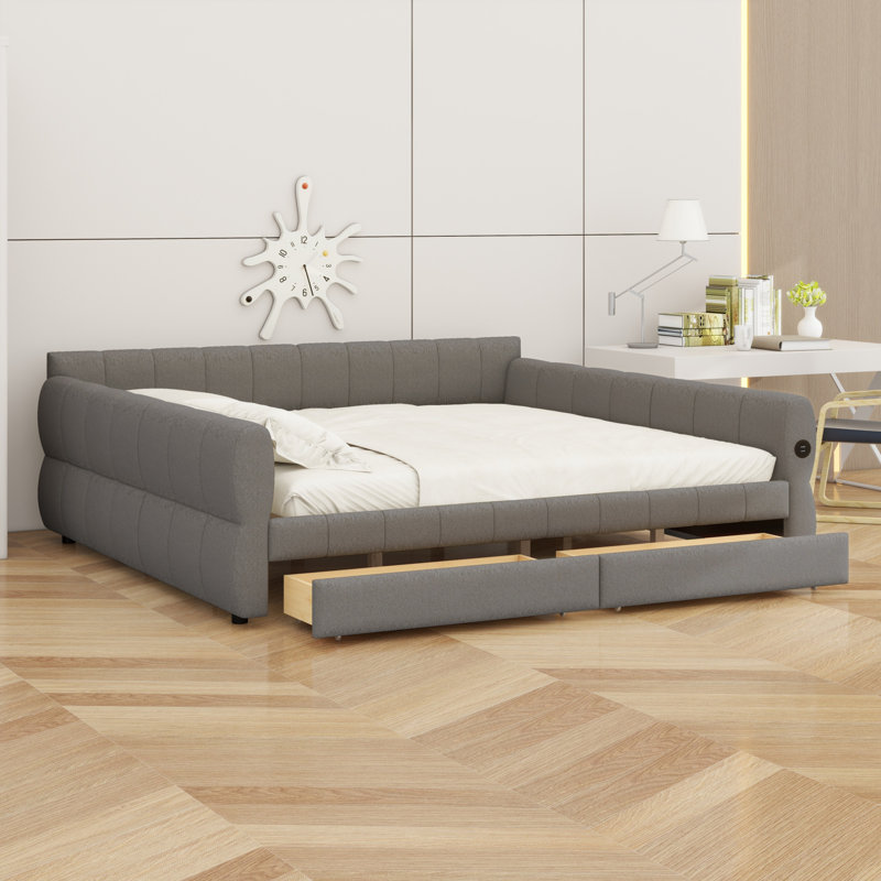 Contemporary Upholstered Platform Bed with USB Ports and 2 Drawers for Space-Saving Storage, Gray