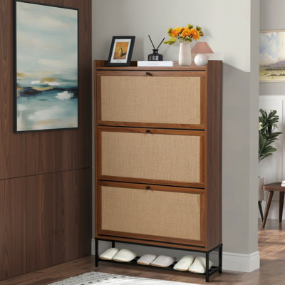 Walnut Wood-Colored Entryway Storage Cabinet With Flip-Top Drawers And Open Shelving Design.