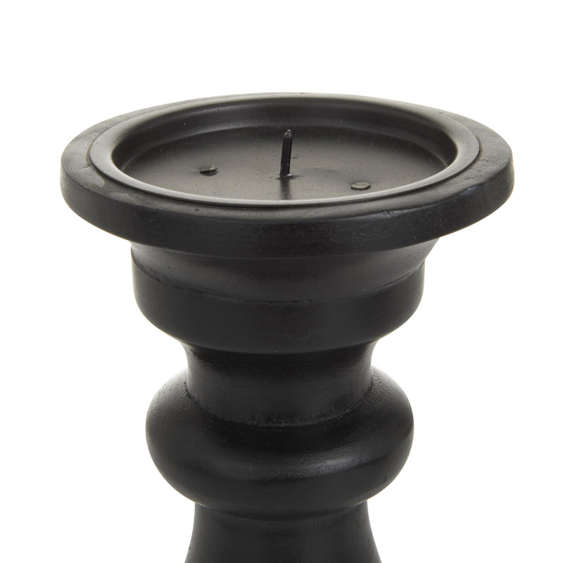 Mango Wood Turned Style Pillar Decorative Candle Holder Set, Black